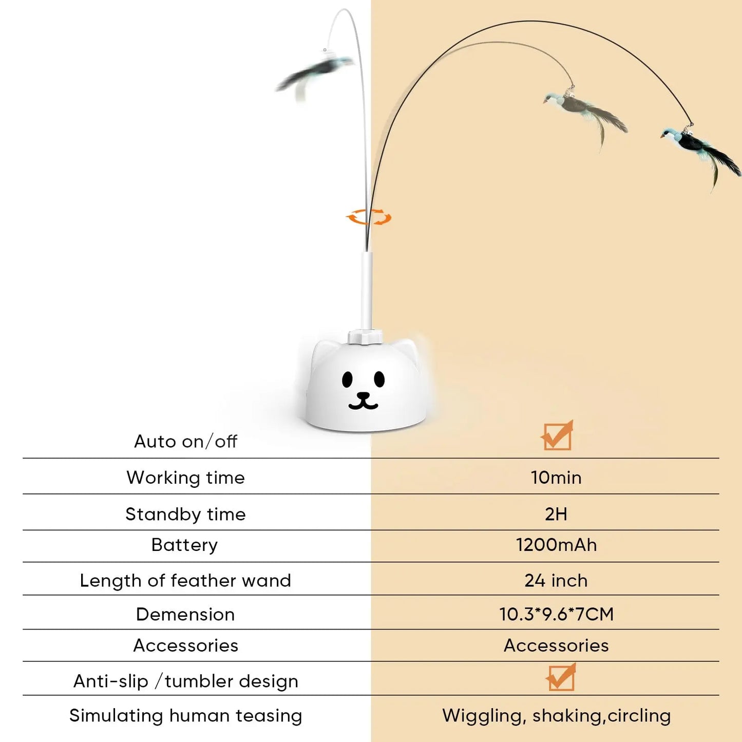 CATPICK Interactive Flying Bird Cat Toy, Automatic Teaser with Suction Cup, Dual Modes – 360° Rotation & Random Jumping, Auto Start/Stop, Safe Silicone Rod, USB Rechargeable for Kittens & Adult Cats