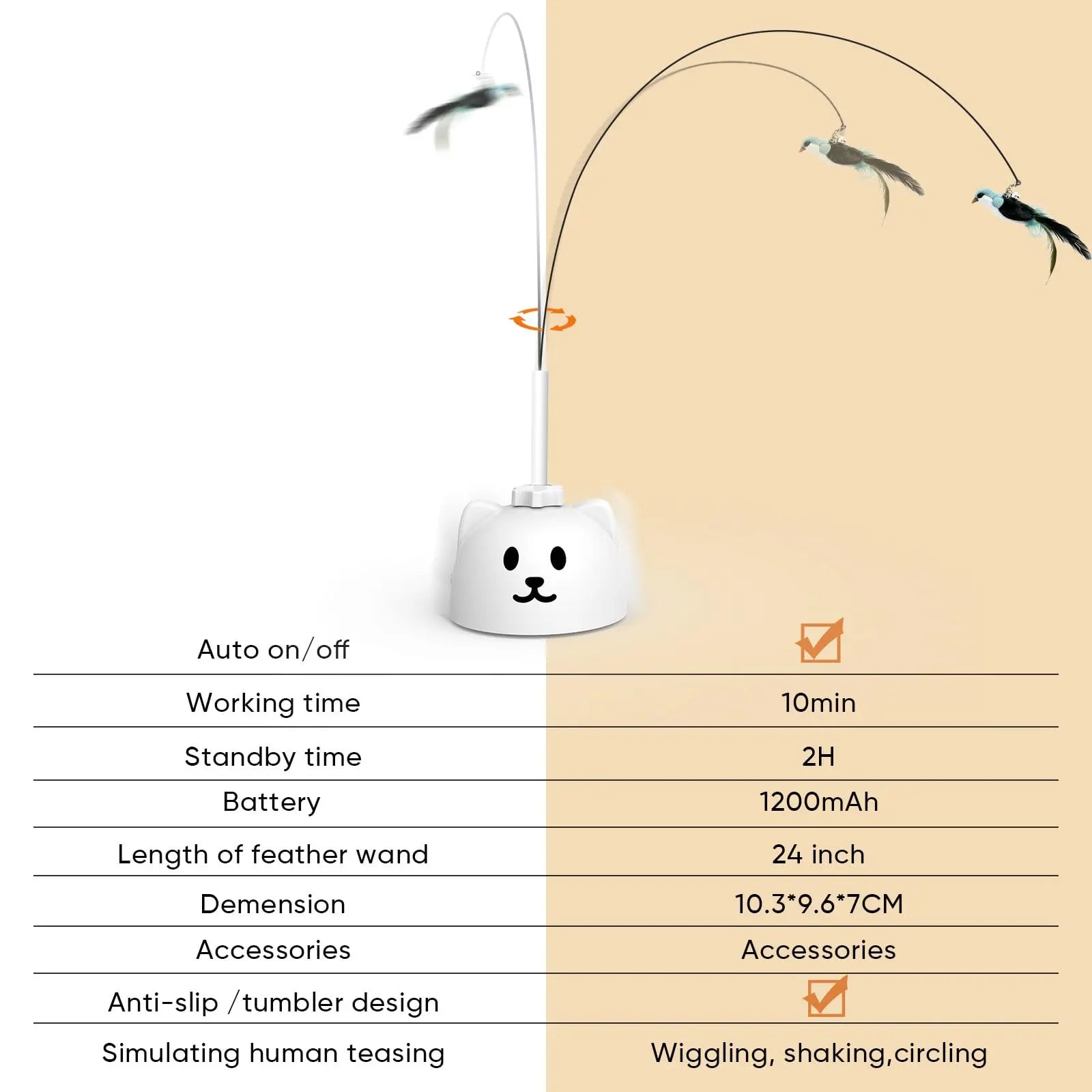 CATPICK Interactive Flying Bird Cat Toy, Automatic Teaser with Suction Cup, Dual Modes – 360° Rotation & Random Jumping, Auto Start/Stop, Safe Silicone Rod, USB Rechargeable for Kittens & Adult Cats