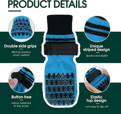 Kuoser Non Slip Blue Dog Socks for Hardwood Floors, 4Pack Anti-Slip Dog Grippy Socks to Prevent Licking Paws, Dogs Booties Paw Protectors with Double-Sided Traction for Small Medium Large Senior Dogs