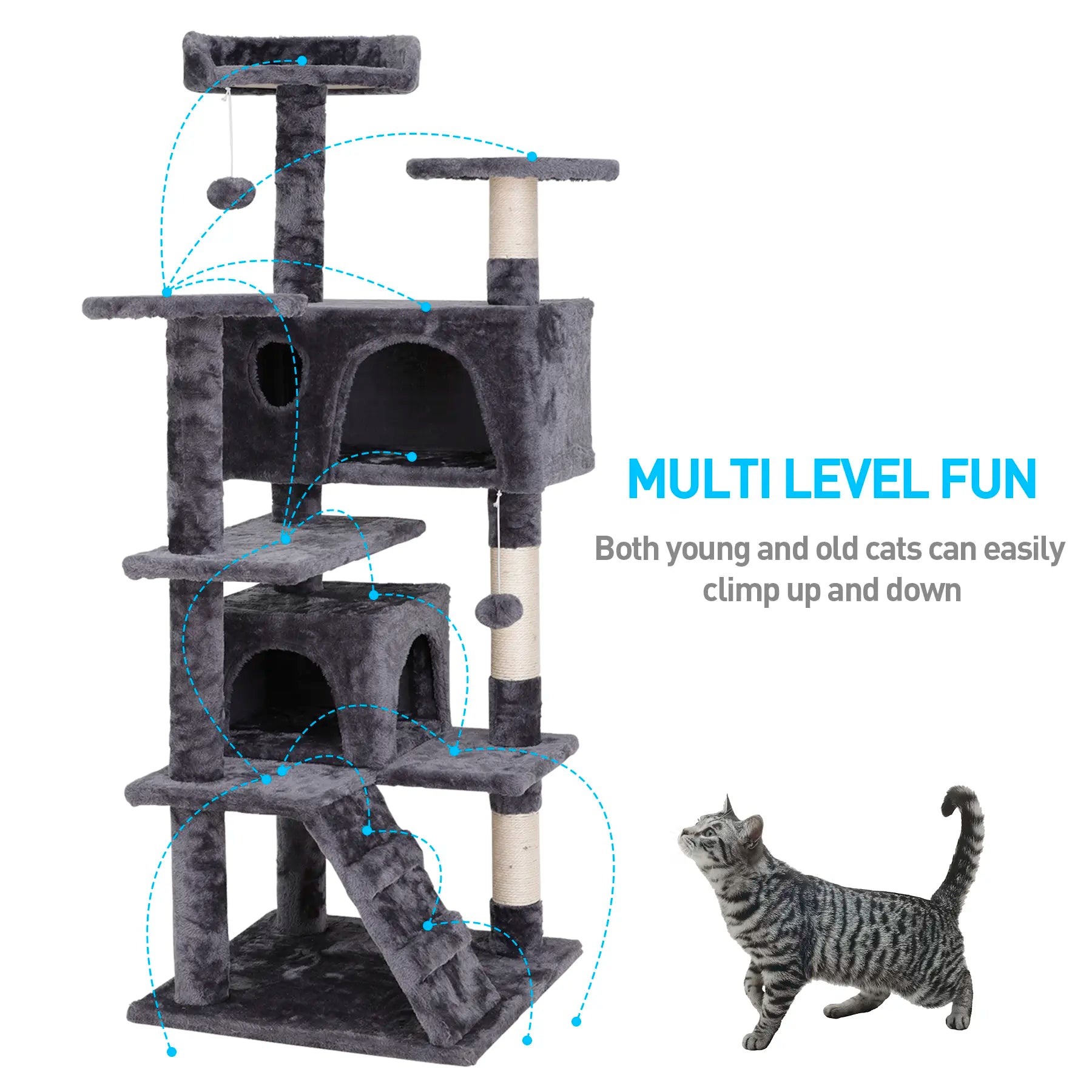 Segawe 55" Multi-Tier Cat Tree Condo - Plush Sisal Scratching Posts for Claw Sharpening, Secure Perches, 2 Cozy Hideaways for Medium Cats, Cool Room Decor, Apartment Stuff,Summervibes