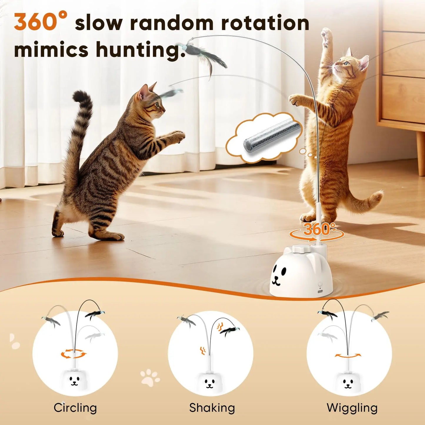 CATPICK Interactive Flying Bird Cat Toy, Automatic Teaser with Suction Cup, Dual Modes – 360° Rotation & Random Jumping, Auto Start/Stop, Safe Silicone Rod, USB Rechargeable for Kittens & Adult Cats