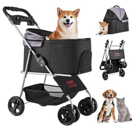 【Summervibes】Vevor Pet Stroller, 35 Lbs Weight Capacity, Foldable Dog Stroller Cart, 4 Wheels Cats Pram with Detachable Carrier & Mesh Windows, Portable Animal Carrier with Brake for Small to Medium Pets