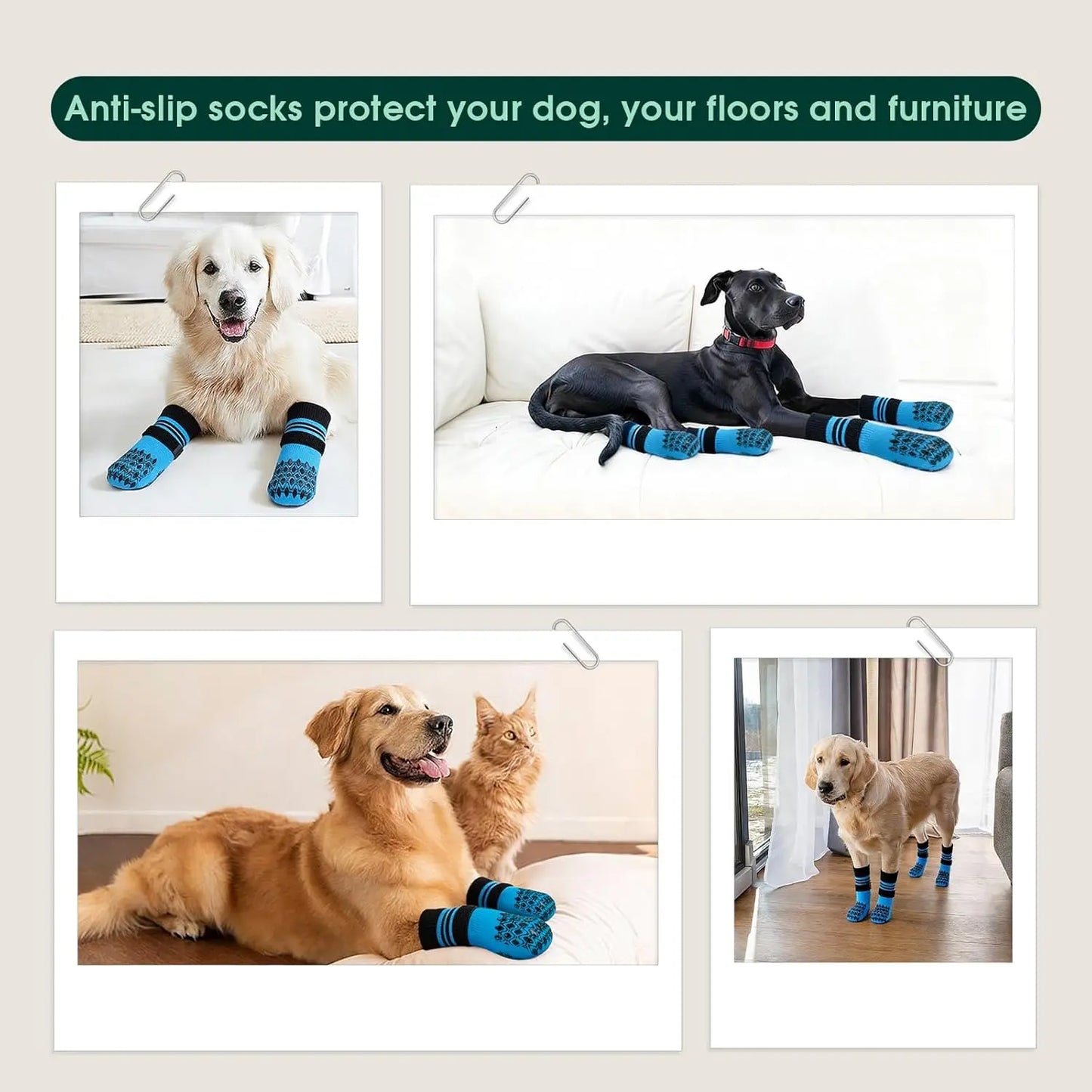Kuoser Non Slip Blue Dog Socks for Hardwood Floors, 4Pack Anti-Slip Dog Grippy Socks to Prevent Licking Paws, Dogs Booties Paw Protectors with Double-Sided Traction for Small Medium Large Senior Dogs