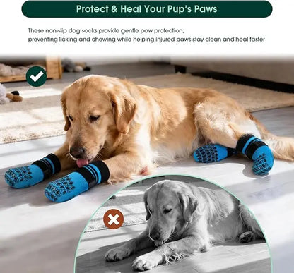 Kuoser Non Slip Blue Dog Socks for Hardwood Floors, 4Pack Anti-Slip Dog Grippy Socks to Prevent Licking Paws, Dogs Booties Paw Protectors with Double-Sided Traction for Small Medium Large Senior Dogs