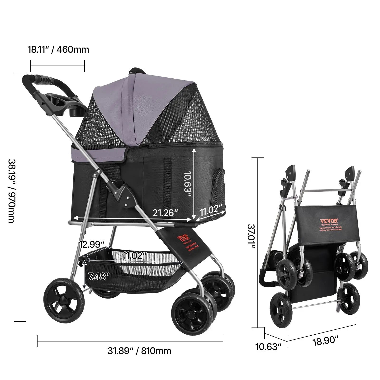 【Summervibes】Vevor Pet Stroller, 35 Lbs Weight Capacity, Foldable Dog Stroller Cart, 4 Wheels Cats Pram with Detachable Carrier & Mesh Windows, Portable Animal Carrier with Brake for Small to Medium Pets