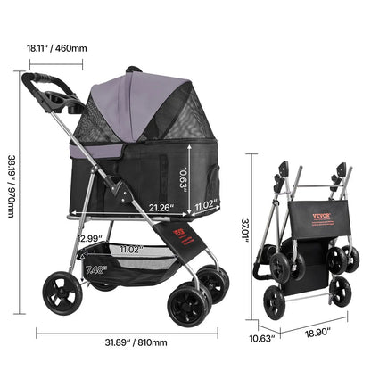 【Summervibes】Vevor Pet Stroller, 35 Lbs Weight Capacity, Foldable Dog Stroller Cart, 4 Wheels Cats Pram with Detachable Carrier & Mesh Windows, Portable Animal Carrier with Brake for Small to Medium Pets