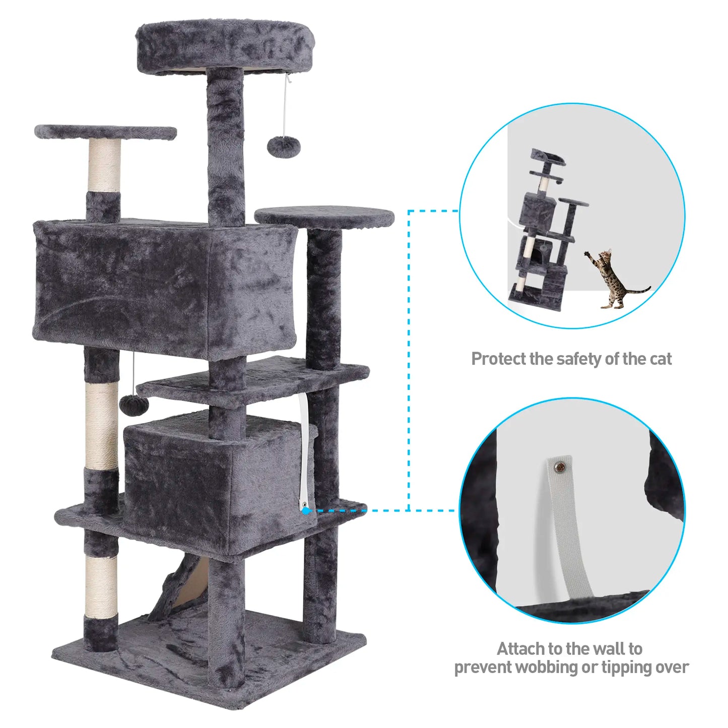 Segawe 55" Multi-Tier Cat Tree Condo - Plush Sisal Scratching Posts for Claw Sharpening, Secure Perches, 2 Cozy Hideaways for Medium Cats, Cool Room Decor, Apartment Stuff,Summervibes