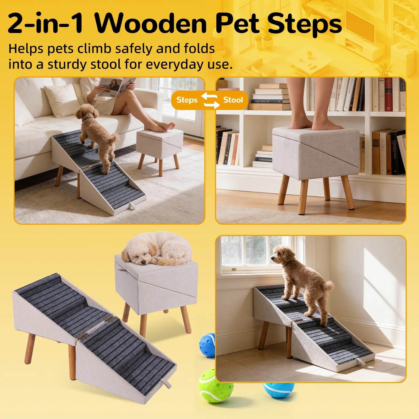 17'' Dog Stairs Ramp for Couch | #Summervibes #Petlovers Ziluce Wooden Ottoman Ramp for Sofa or Short Bed | for Senior,Small, Medium Dogs, Dachshund | 2-In-1 Convertible Home Step Stool with Wood Foot