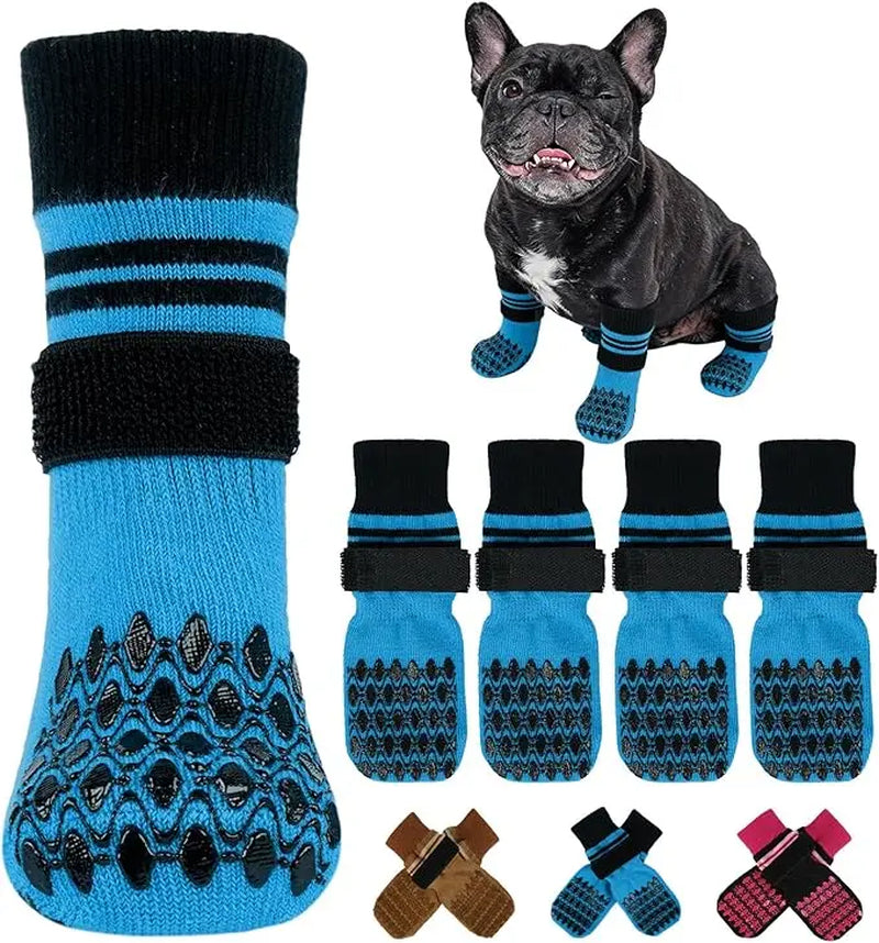 Kuoser Non Slip Blue Dog Socks for Hardwood Floors, 4Pack Anti-Slip Dog Grippy Socks to Prevent Licking Paws, Dogs Booties Paw Protectors with Double-Sided Traction for Small Medium Large Senior Dogs
