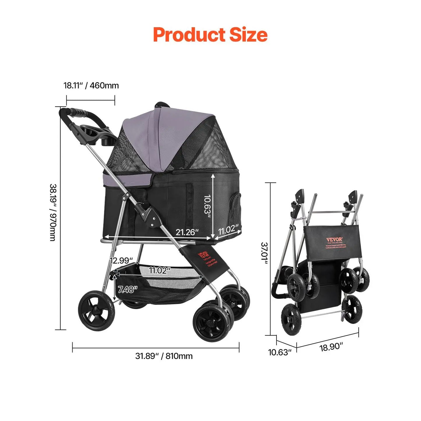 【Summervibes】Vevor Pet Stroller, 35 Lbs Weight Capacity, Foldable Dog Stroller Cart, 4 Wheels Cats Pram with Detachable Carrier & Mesh Windows, Portable Animal Carrier with Brake for Small to Medium Pets