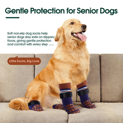 Kuoser Non Slip Blue Dog Socks for Hardwood Floors, 4Pack Anti-Slip Dog Grippy Socks to Prevent Licking Paws, Dogs Booties Paw Protectors with Double-Sided Traction for Small Medium Large Senior Dogs