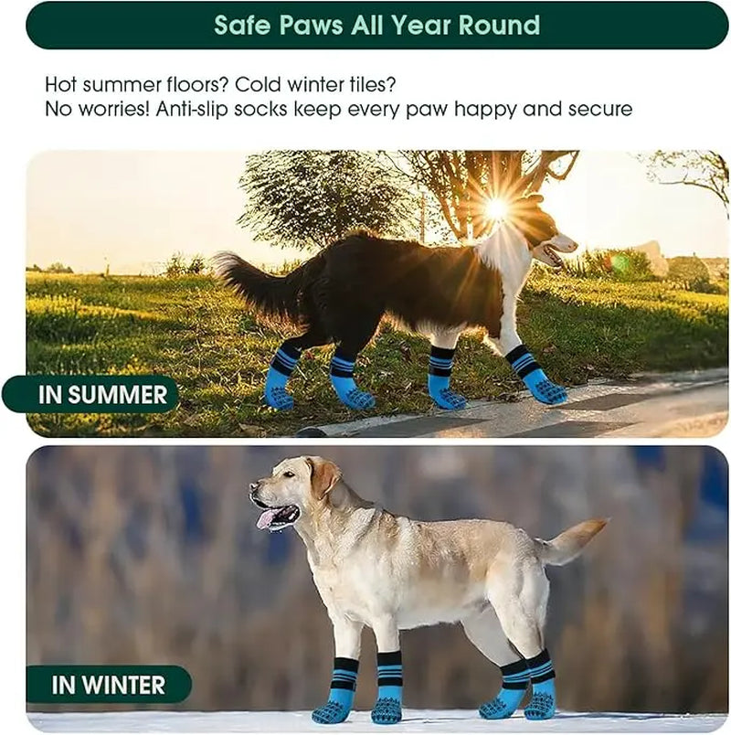 Kuoser Non Slip Blue Dog Socks for Hardwood Floors, 4Pack Anti-Slip Dog Grippy Socks to Prevent Licking Paws, Dogs Booties Paw Protectors with Double-Sided Traction for Small Medium Large Senior Dogs