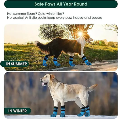 Kuoser Non Slip Blue Dog Socks for Hardwood Floors, 4Pack Anti-Slip Dog Grippy Socks to Prevent Licking Paws, Dogs Booties Paw Protectors with Double-Sided Traction for Small Medium Large Senior Dogs