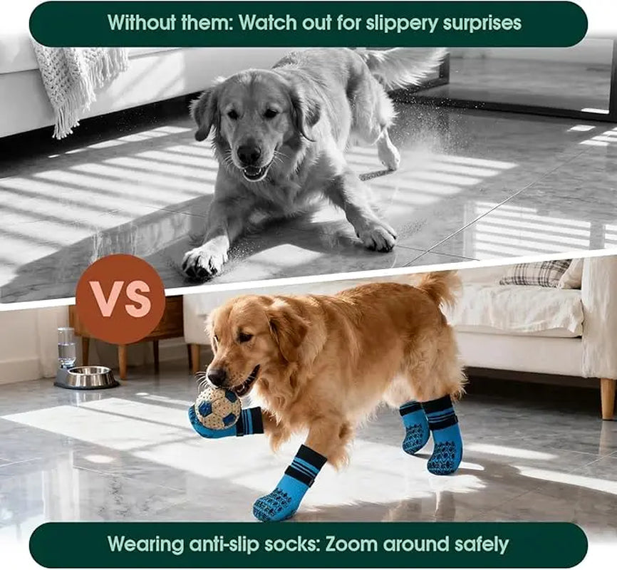 Kuoser Non Slip Blue Dog Socks for Hardwood Floors, 4Pack Anti-Slip Dog Grippy Socks to Prevent Licking Paws, Dogs Booties Paw Protectors with Double-Sided Traction for Small Medium Large Senior Dogs