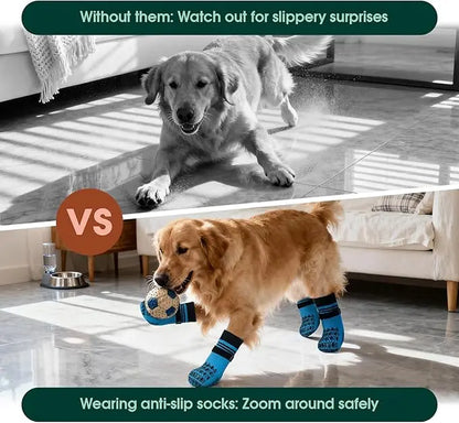 Kuoser Non Slip Blue Dog Socks for Hardwood Floors, 4Pack Anti-Slip Dog Grippy Socks to Prevent Licking Paws, Dogs Booties Paw Protectors with Double-Sided Traction for Small Medium Large Senior Dogs