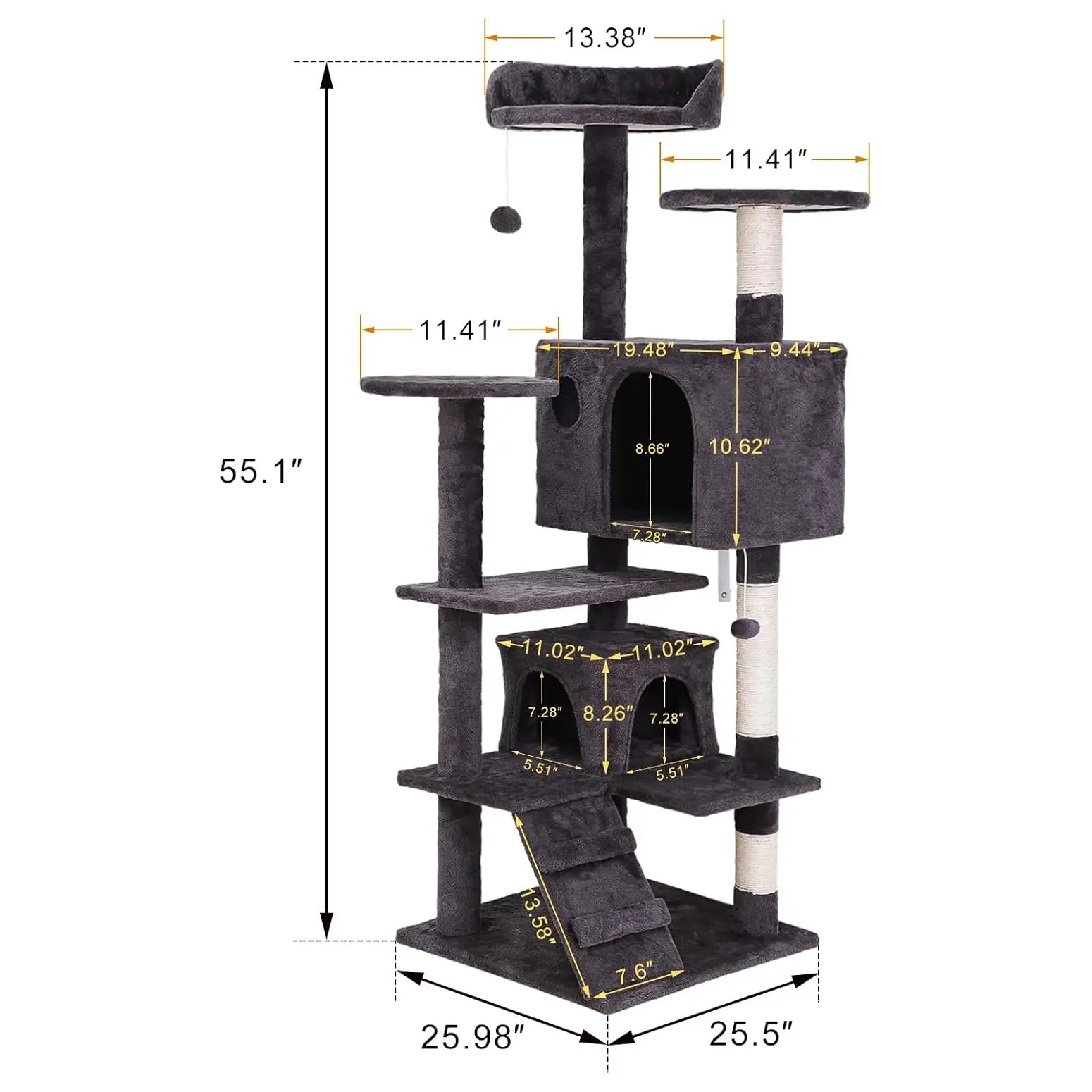 Segawe 55" Multi-Tier Cat Tree Condo - Plush Sisal Scratching Posts for Claw Sharpening, Secure Perches, 2 Cozy Hideaways for Medium Cats, Cool Room Decor, Apartment Stuff,Summervibes