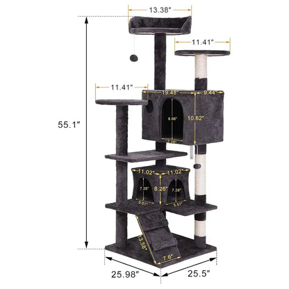 Segawe 55" Multi-Tier Cat Tree Condo - Plush Sisal Scratching Posts for Claw Sharpening, Secure Perches, 2 Cozy Hideaways for Medium Cats, Cool Room Decor, Apartment Stuff,Summervibes